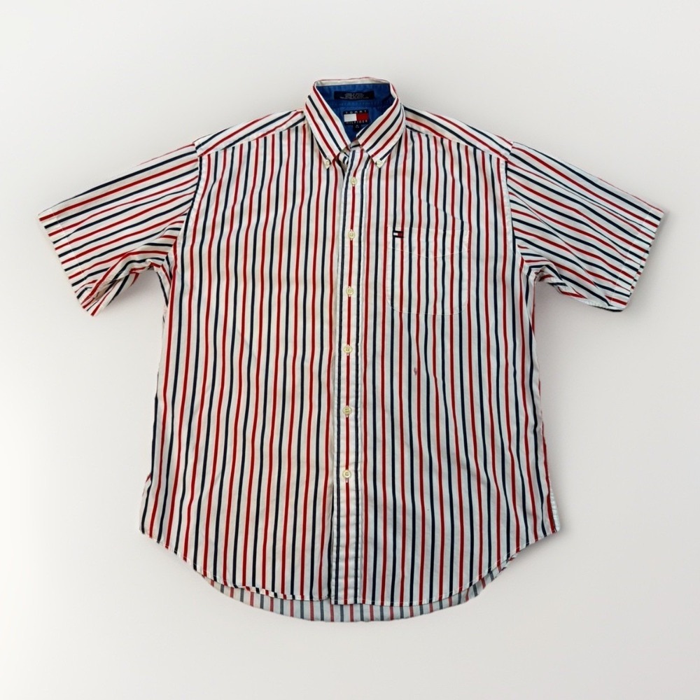 Vintage Tommy Hilfiger Shirt Men's Medium Striped Red Blue White 90's Casual